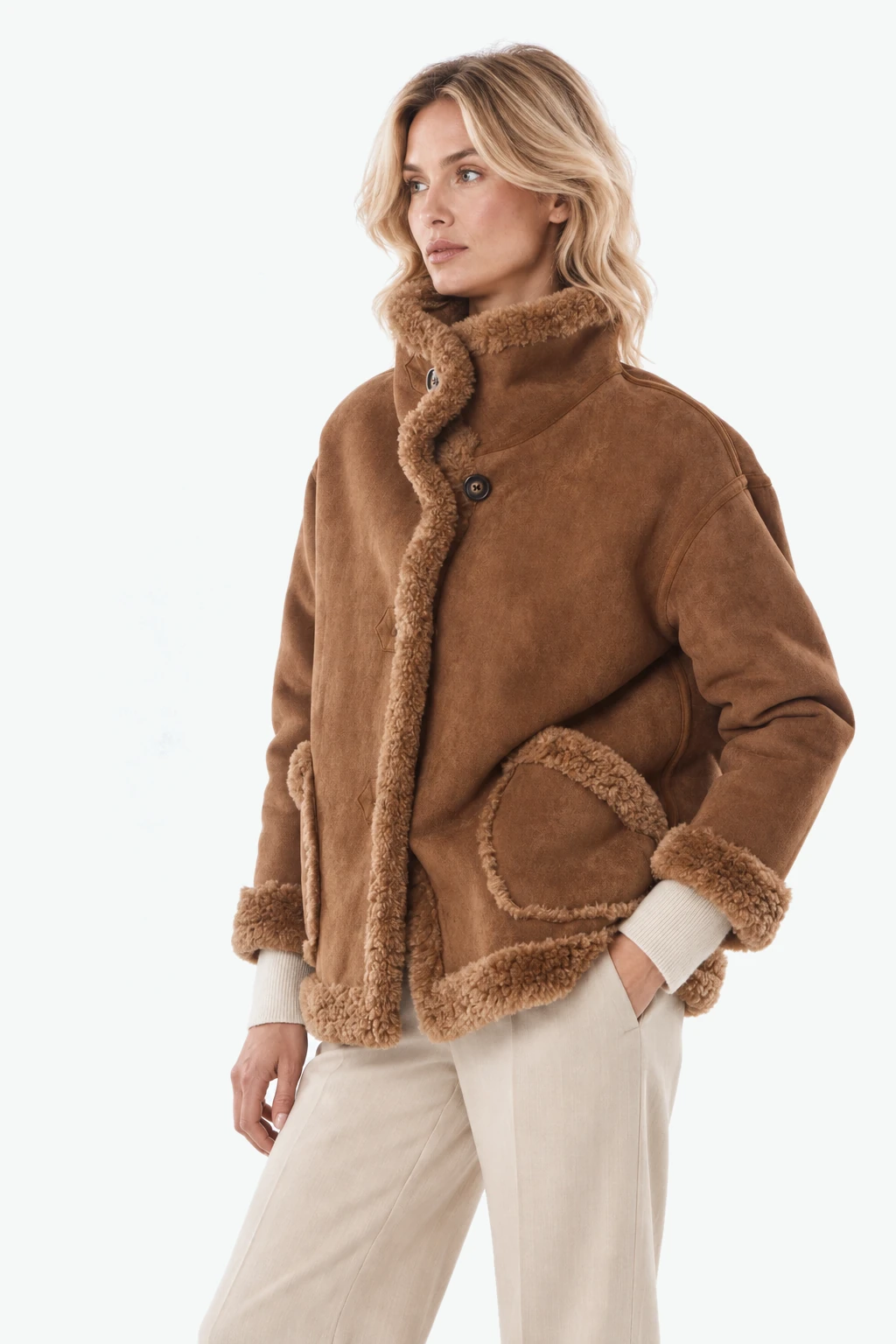 Reversible vest in faux shearling met faux fur kraag, camel